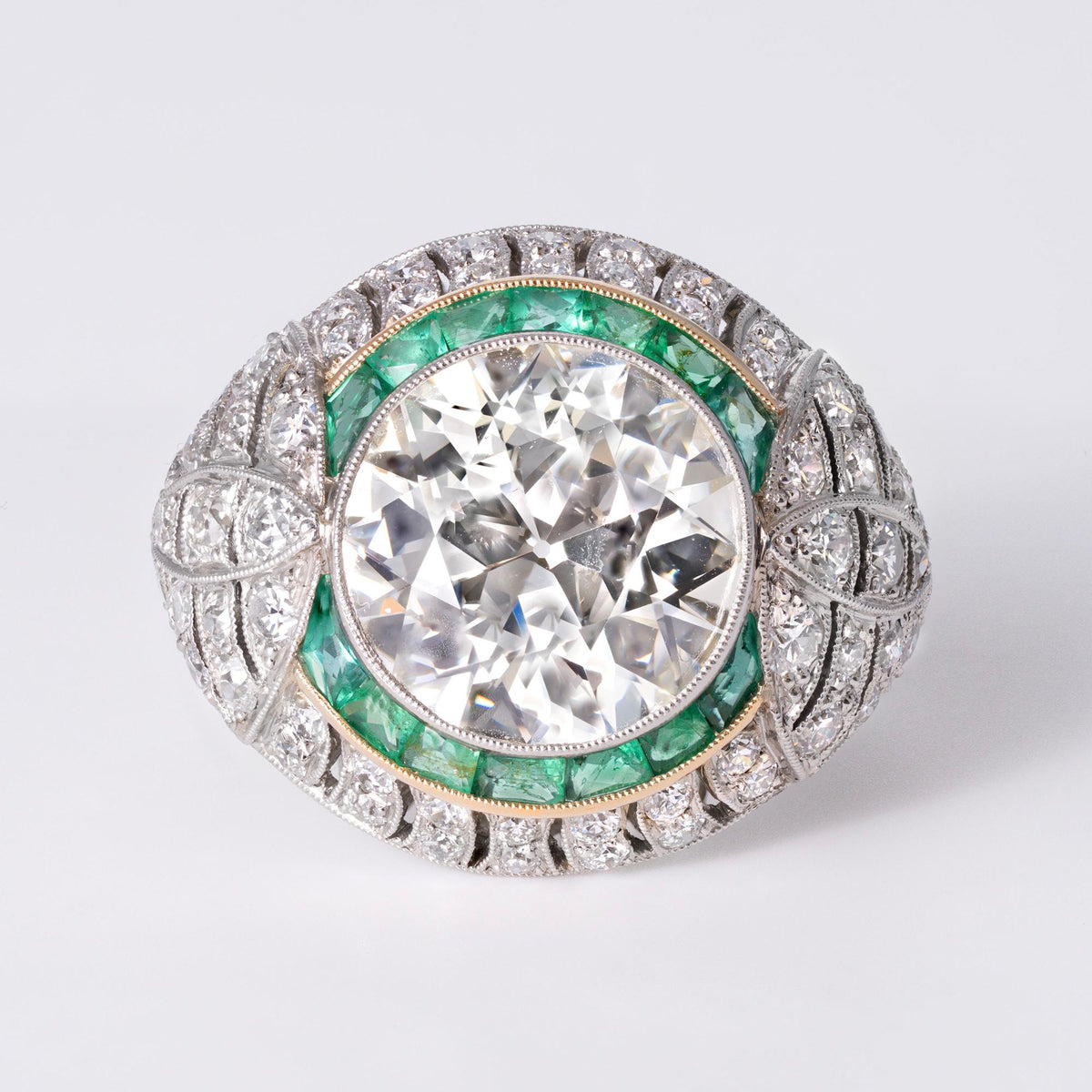 Art Deco Style Old European 5.55 CT Natural Diamond & Emerald Bombè Ring