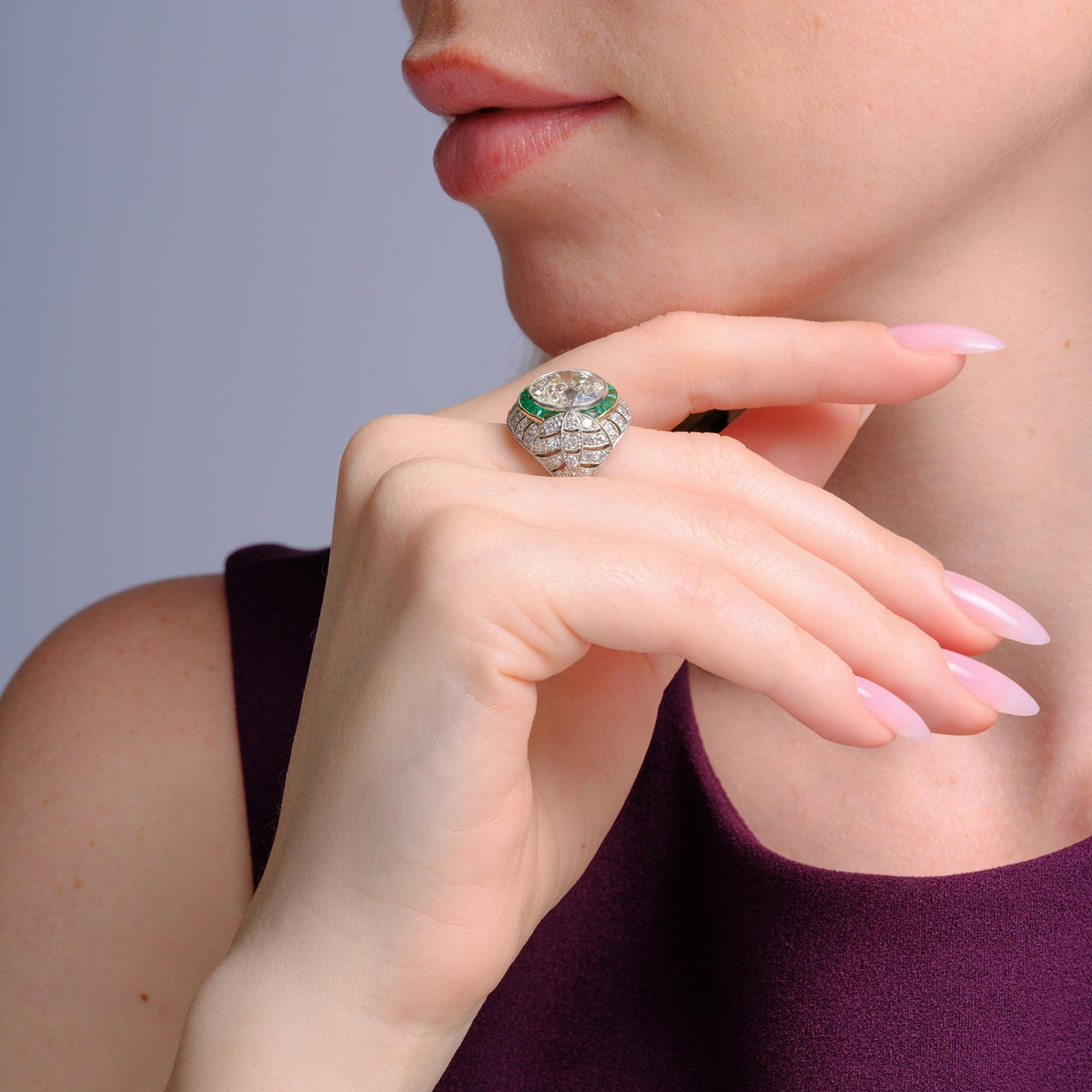 Art Deco Style Old European 5.55 CT Natural Diamond & Emerald Bombè Ring