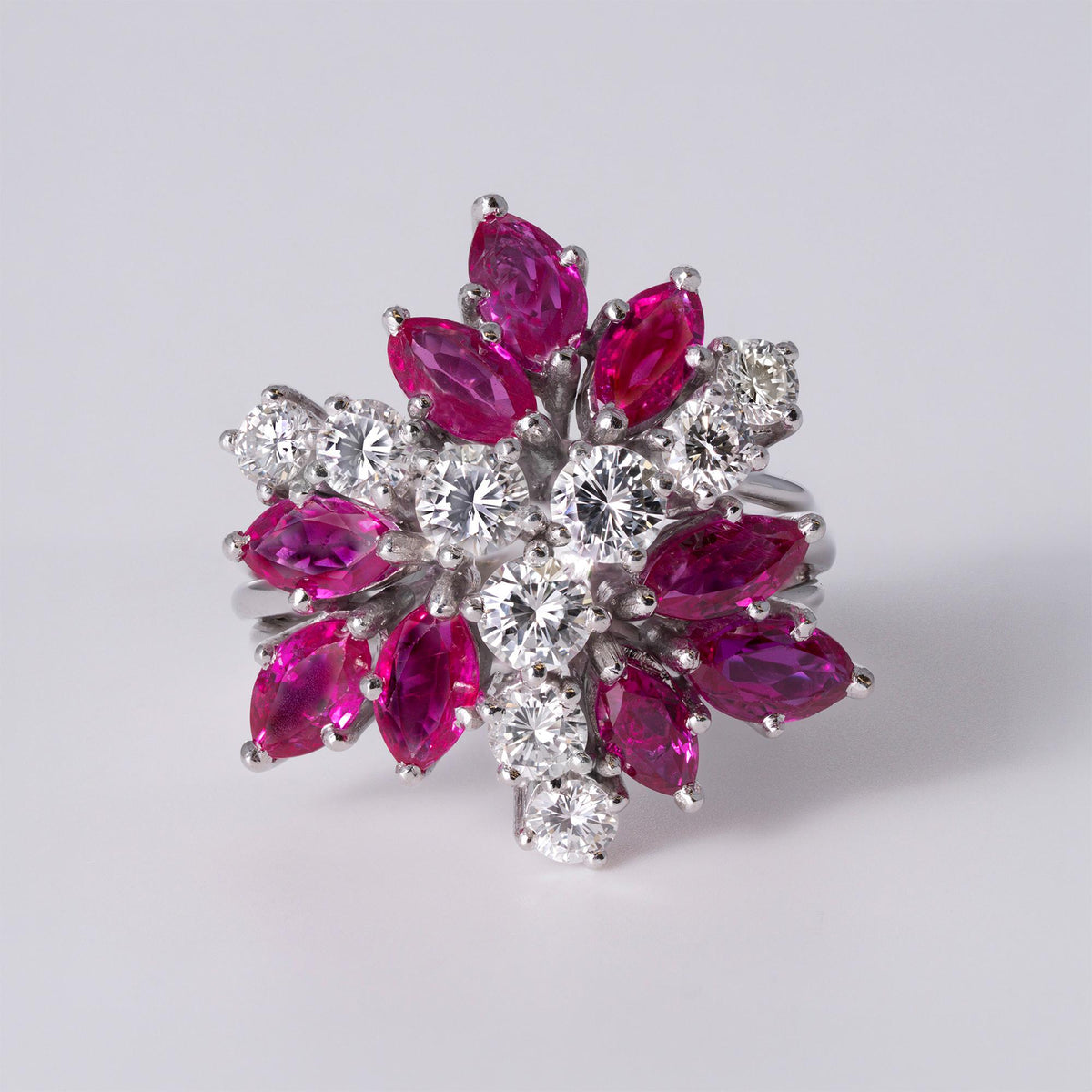 Mid Century 1970s Ruby & Diamond Waterfall Cocktail Ring
