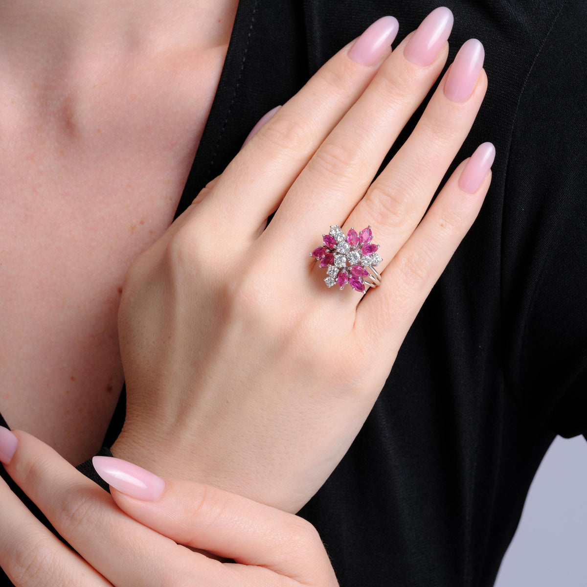 Mid Century 1970s Ruby & Diamond Waterfall Cocktail Ring