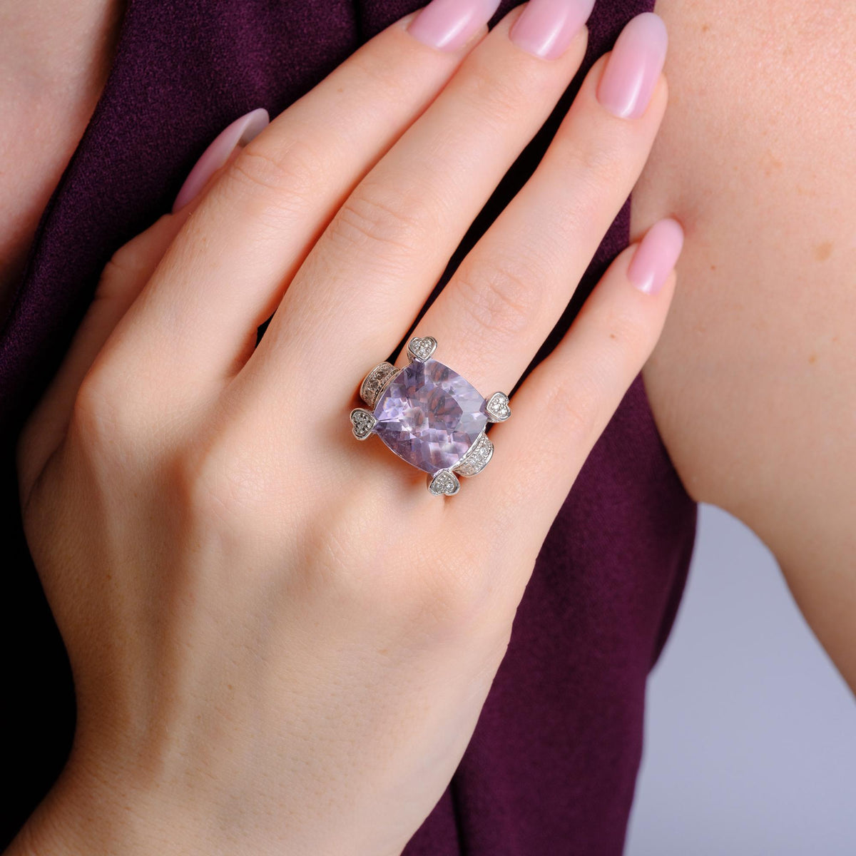 Vintage Judith Ripka 15 Carat Kunzite & Diamond Hearts Cocktail Ring