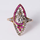 Antique Victorian Asymmetric Diamond & Ruby Fleur-des-Lis Navette Ring
