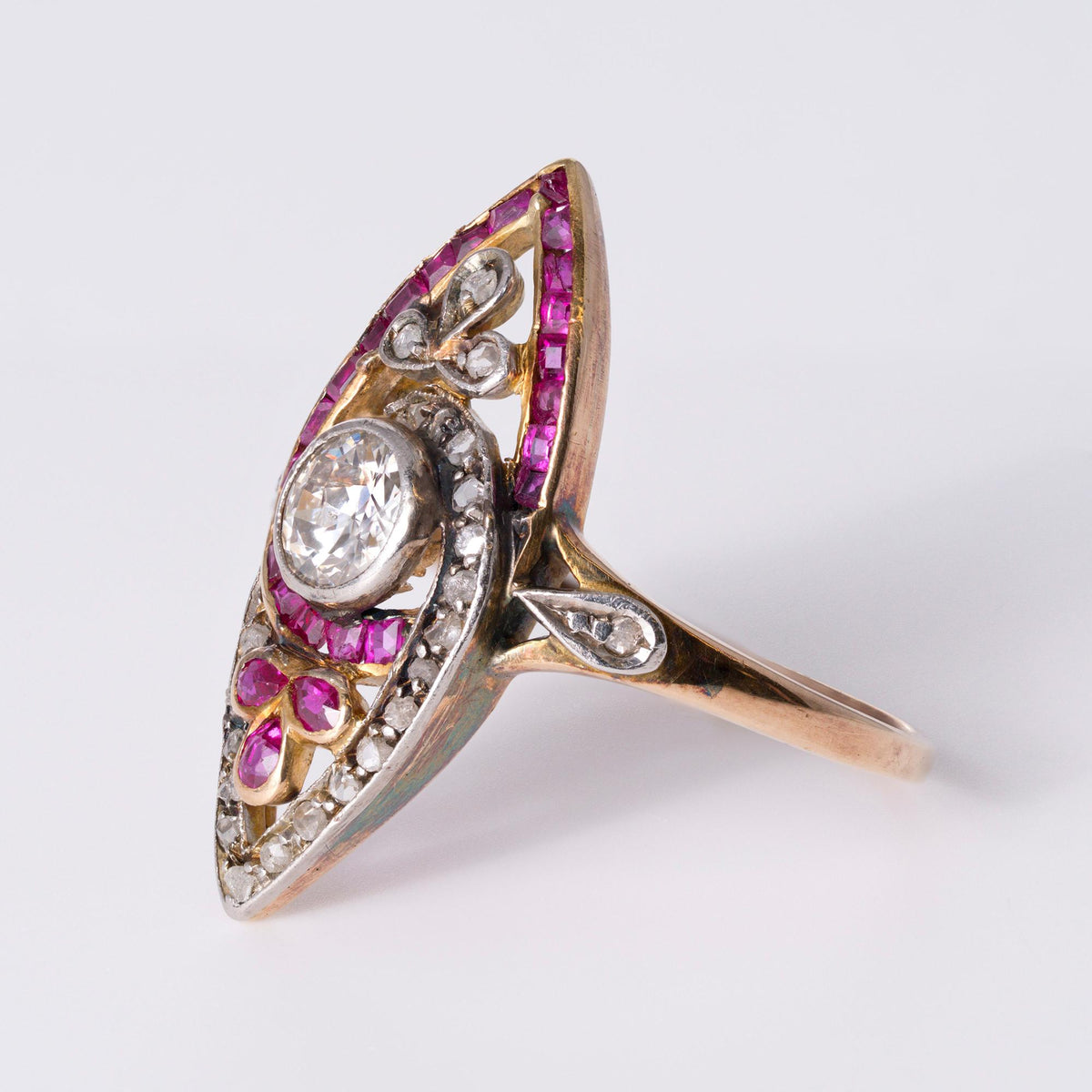 Antique Victorian Asymmetric Diamond & Ruby Fleur-des-Lis Navette Ring