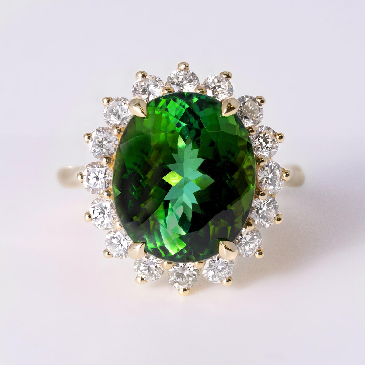 Estate Modern 7.84ct Green Tourmaline & Diamond Halo Cocktail Ring, 14K Gold