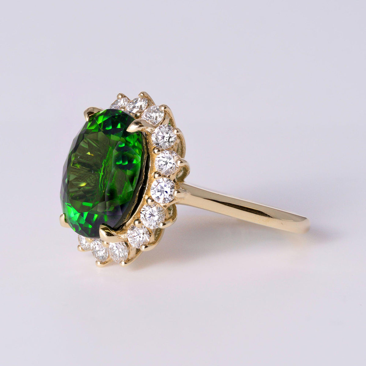 Estate Modern 7.84ct Green Tourmaline & Diamond Halo Cocktail Ring, 14K Gold