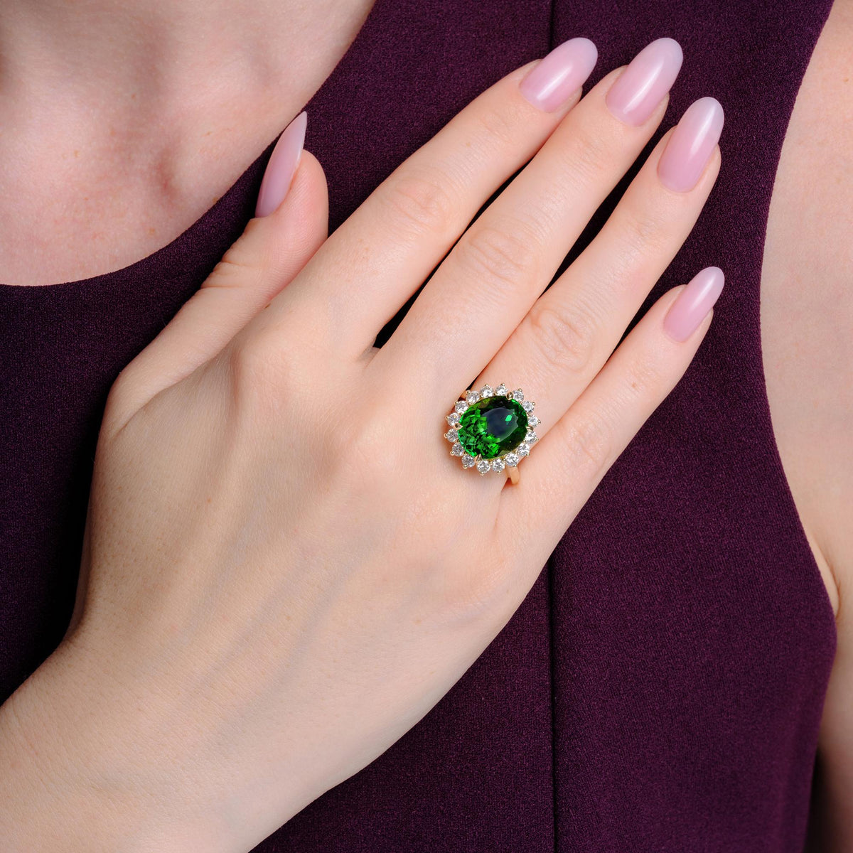 Estate Modern 7.84ct Green Tourmaline & Diamond Halo Cocktail Ring, 14K Gold