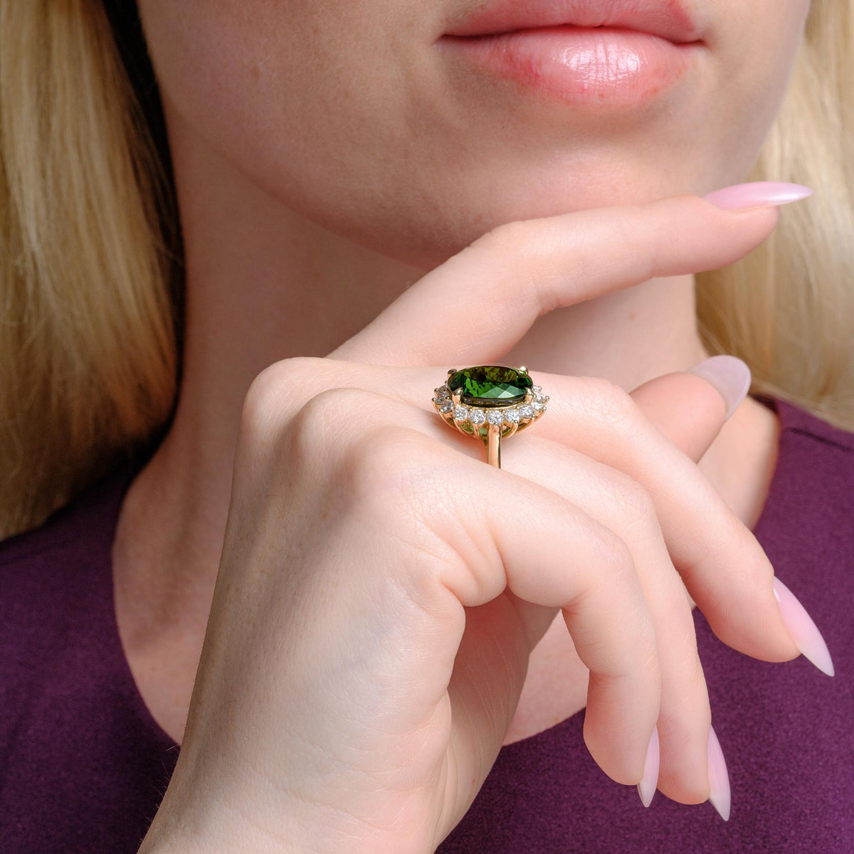 Estate Modern 7.84ct Green Tourmaline & Diamond Halo Cocktail Ring, 14K Gold