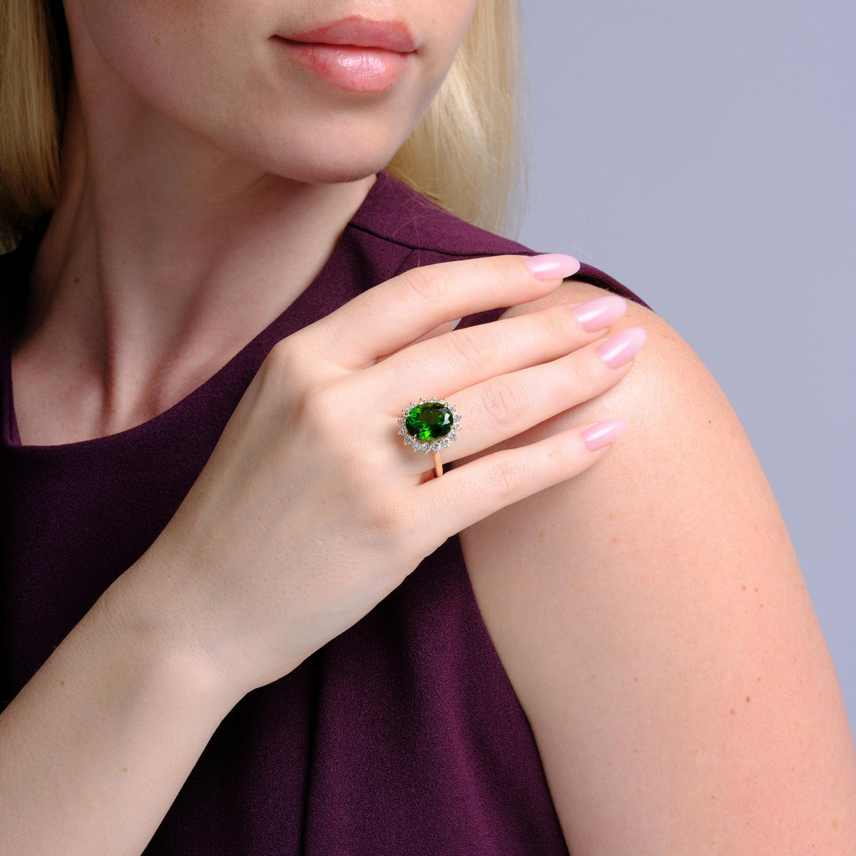 Estate Modern 7.84ct Green Tourmaline & Diamond Halo Cocktail Ring, 14K Gold