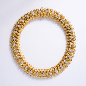 Chunky Mid Century Italian 18k Gold Diamond Sunflower Dog Collar Necklace