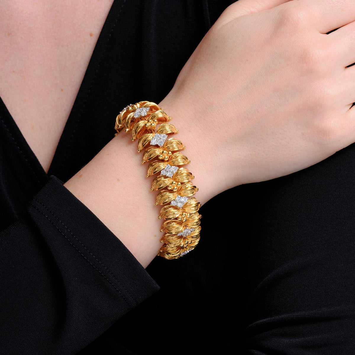 Vintage Mid Century Italian Gold Diamond Buccellati Style Sunflower Bracelet