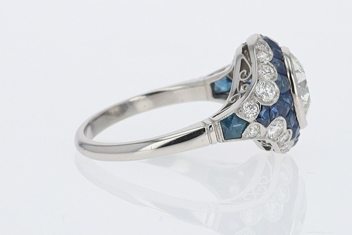 2.56 Carat Old European Diamond & Sapphire Dome Engagement Ring