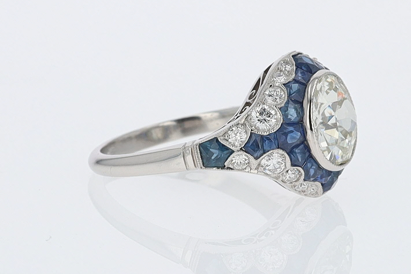 2.56 Carat Old European Diamond & Sapphire Dome Engagement Ring