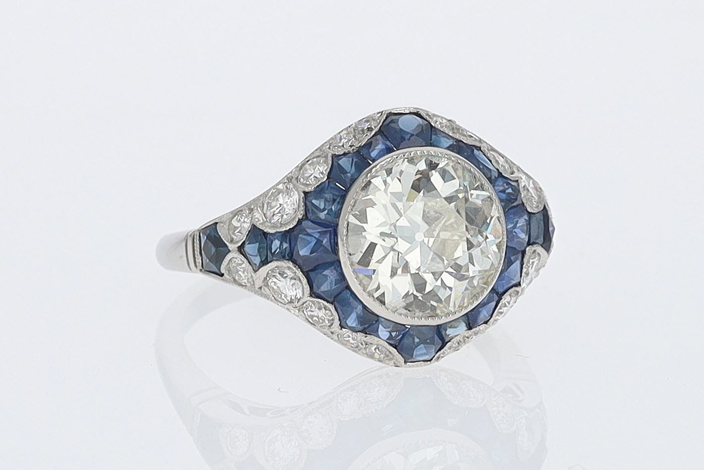 2.56 Carat Old European Diamond & Sapphire Dome Engagement Ring