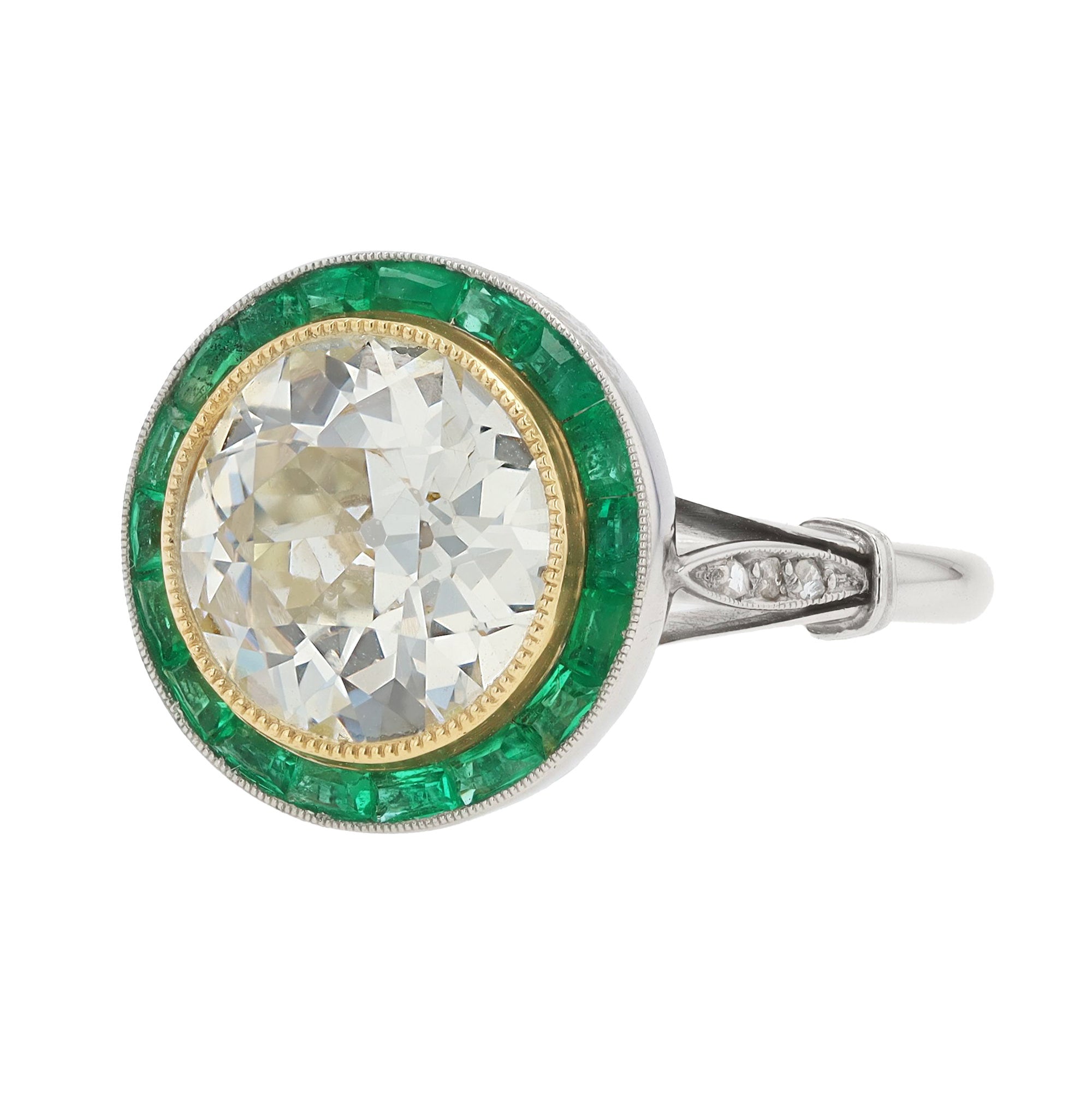 3.12 Carat Old European Diamond and Emerald Halo Target Ring