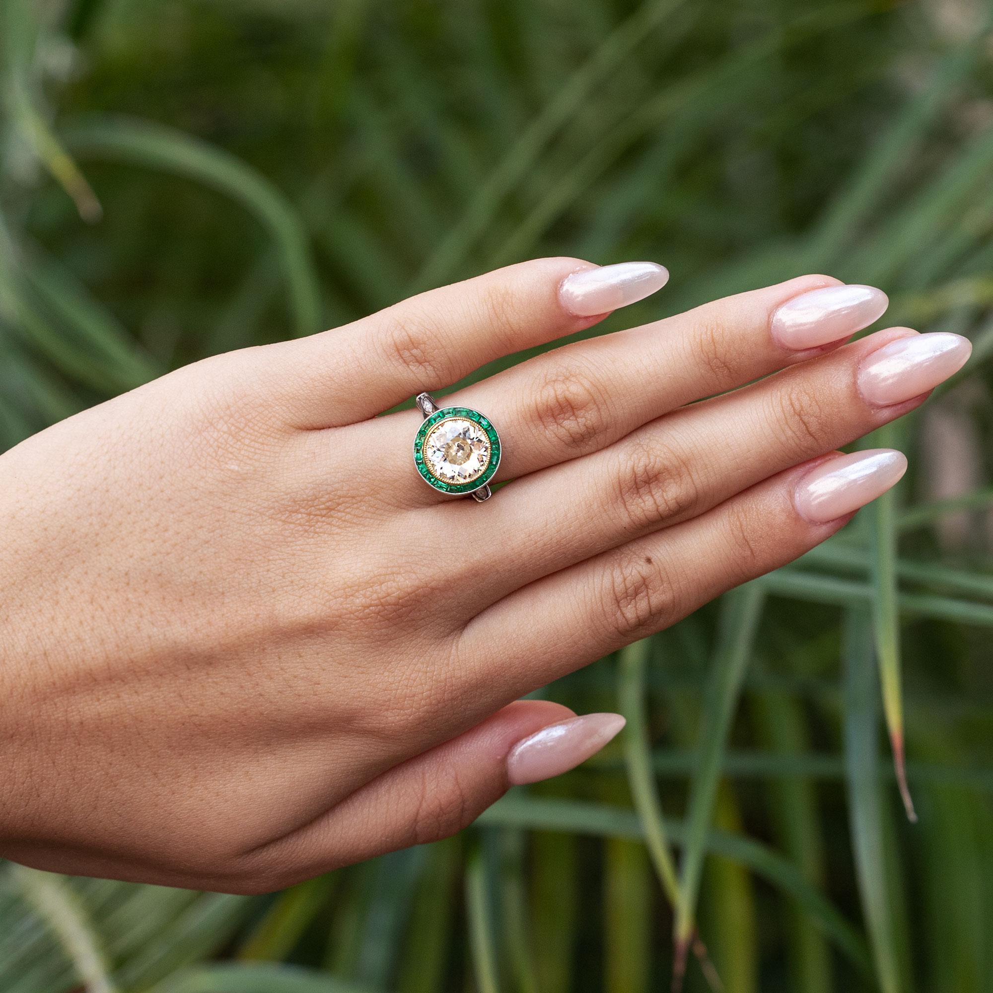 3.12 Carat Old European Diamond and Emerald Halo Target Ring