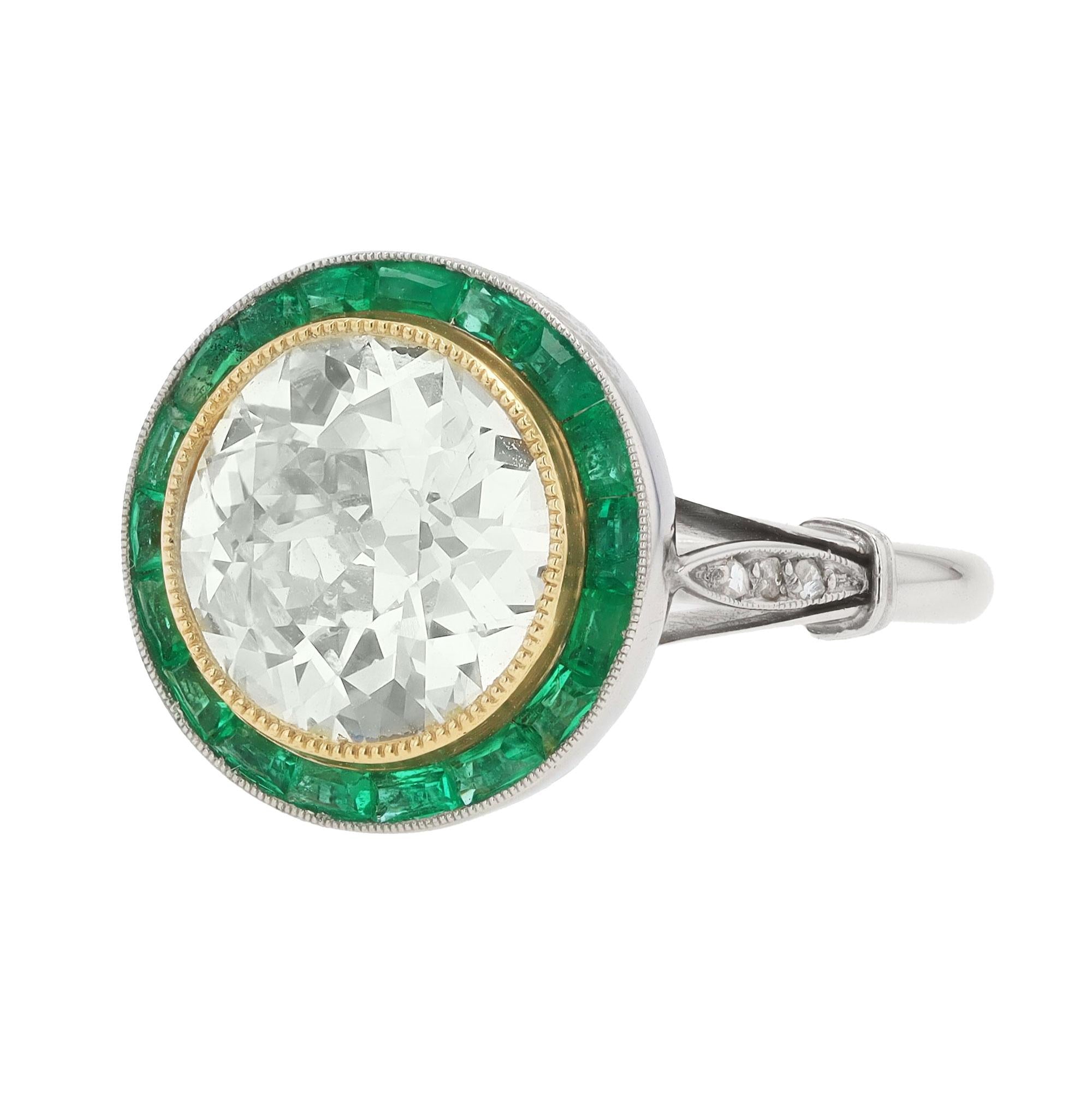 3.12 Carat Old European Diamond and Emerald Halo Target Ring