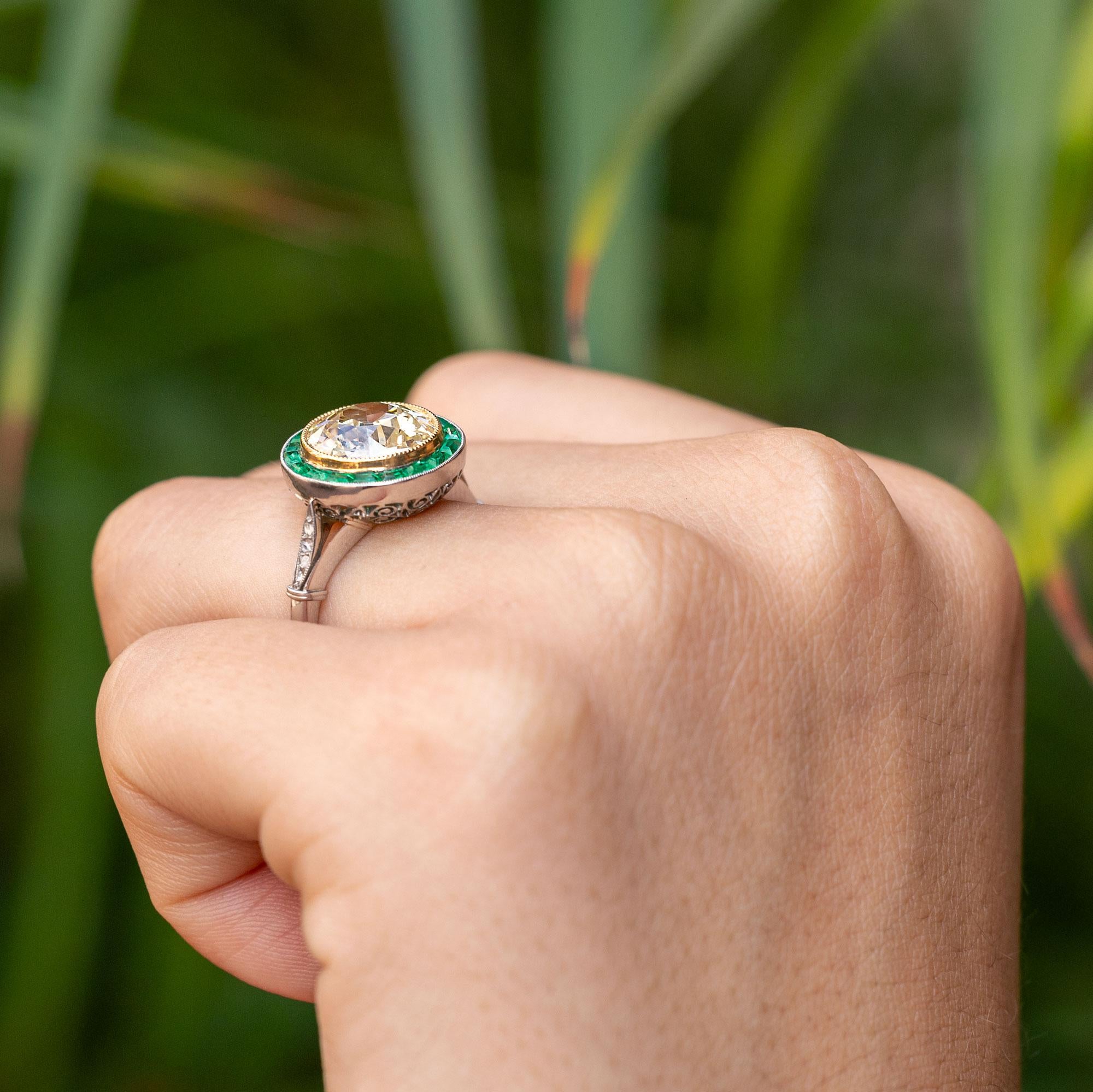 3.12 Carat Old European Diamond and Emerald Halo Target Ring