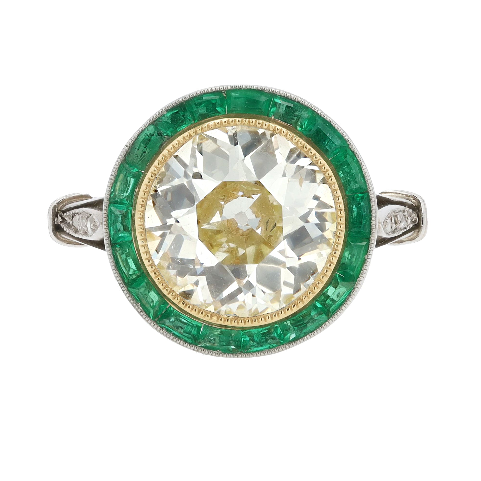 3.12 Carat Old European Diamond and Emerald Halo Target Ring