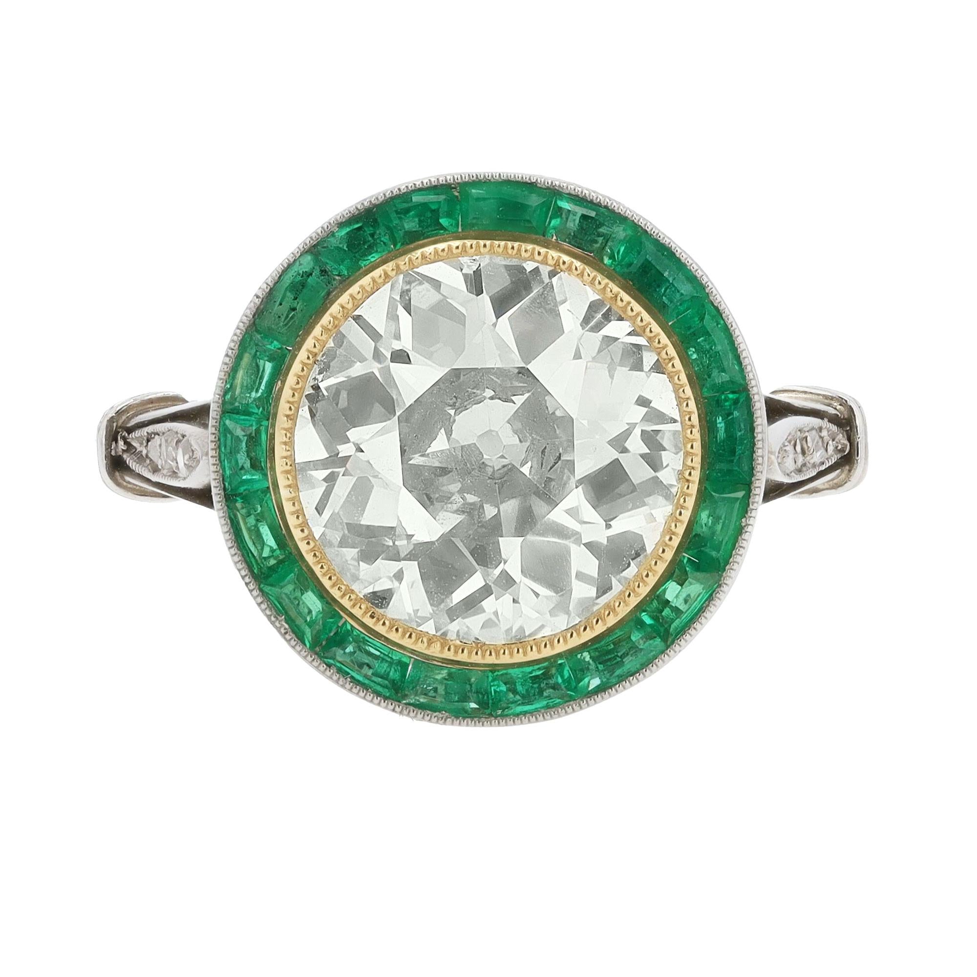 3.12 Carat Old European Diamond and Emerald Halo Target Ring