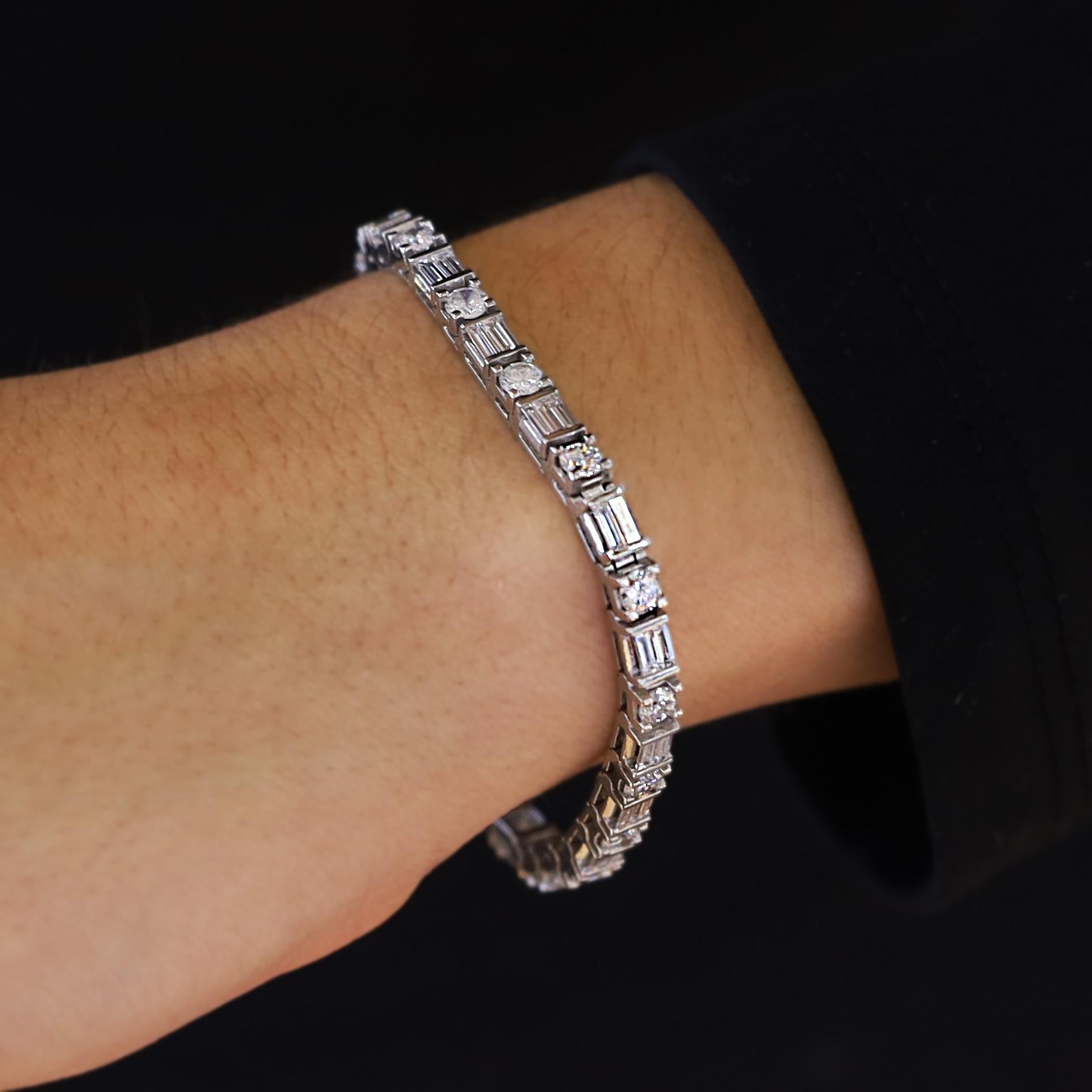 Estate Platinum 3 Carat Mixed Round & Baguette Diamond Tennis Bracelet