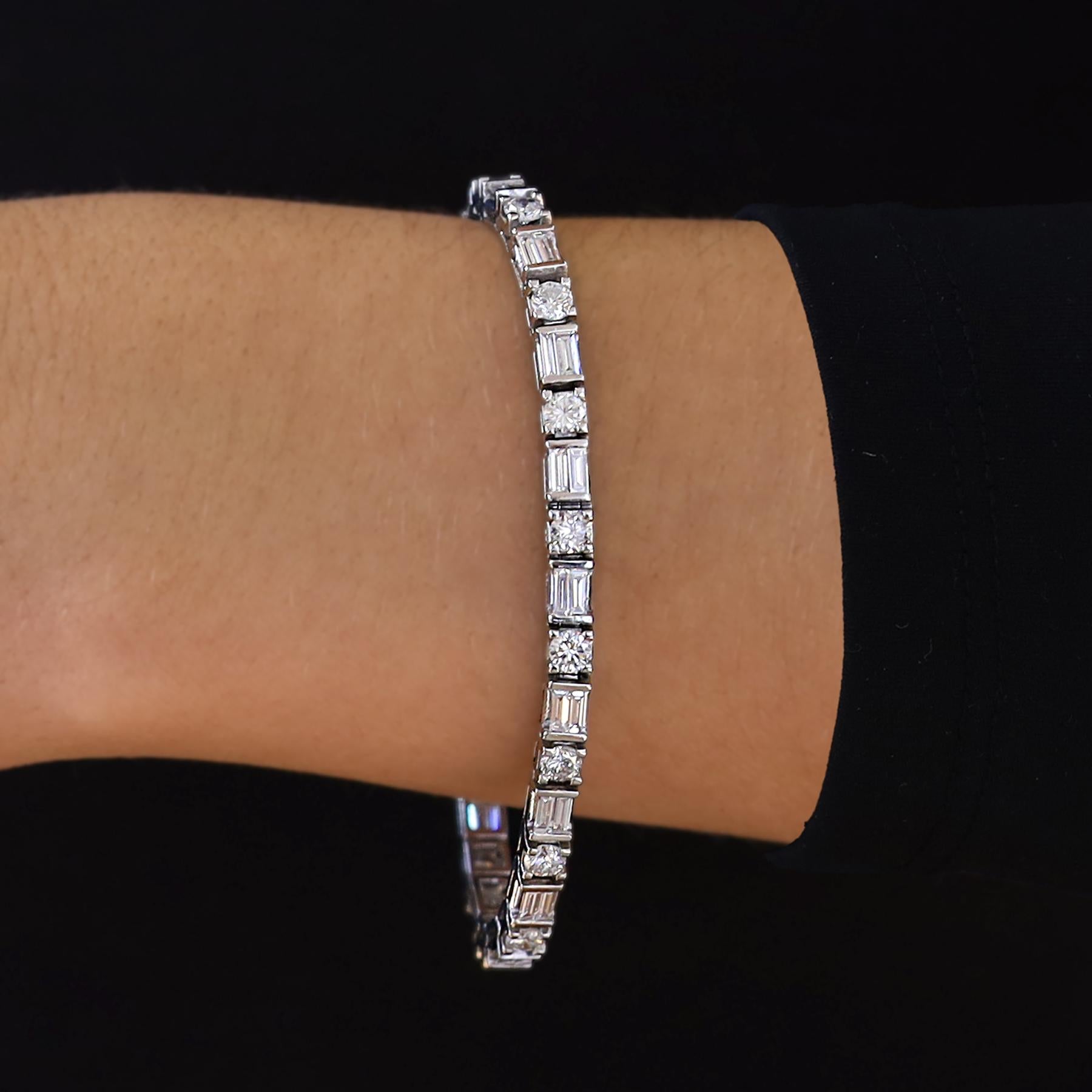 Estate Platinum 3 Carat Mixed Round & Baguette Diamond Tennis Bracelet