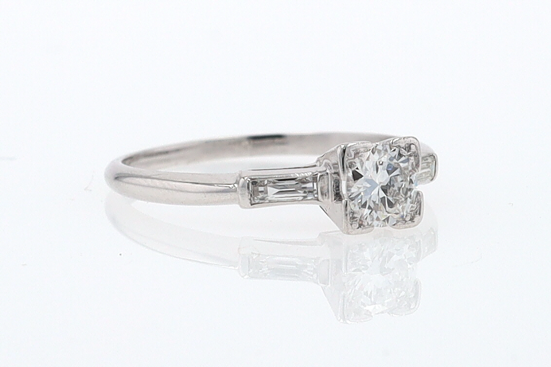 3 Stone Petite Platinum Art Deco Diamond Engagement Ring