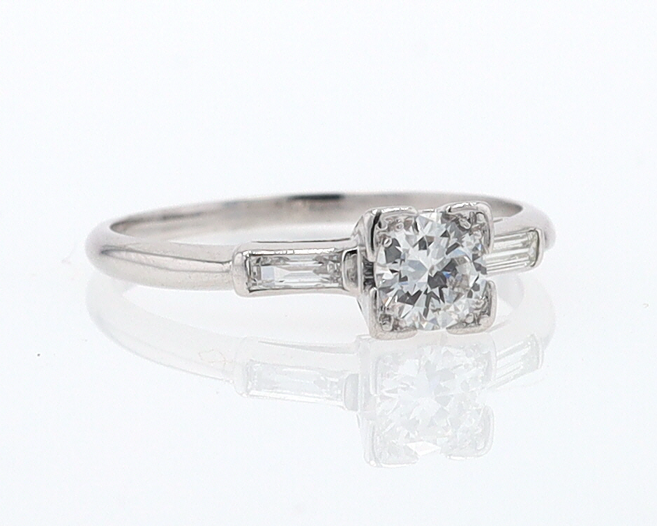 3 Stone Petite Platinum Art Deco Diamond Engagement Ring