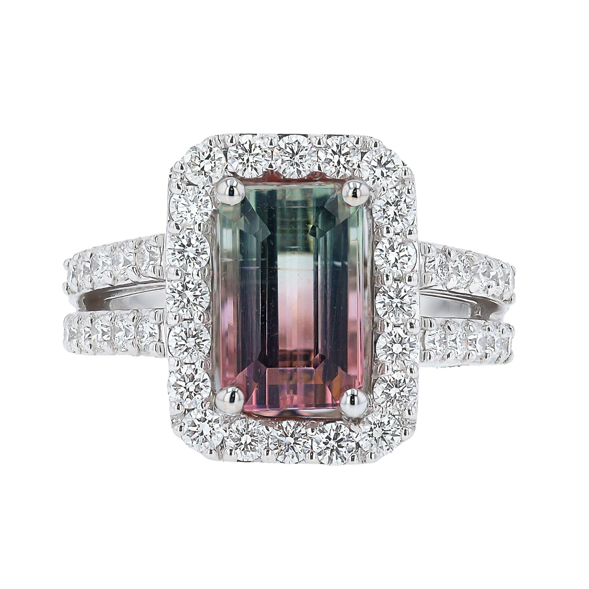 4.02 Carat Bicolor Watermelon Tourmaline and Diamond 18k White Gold Ring