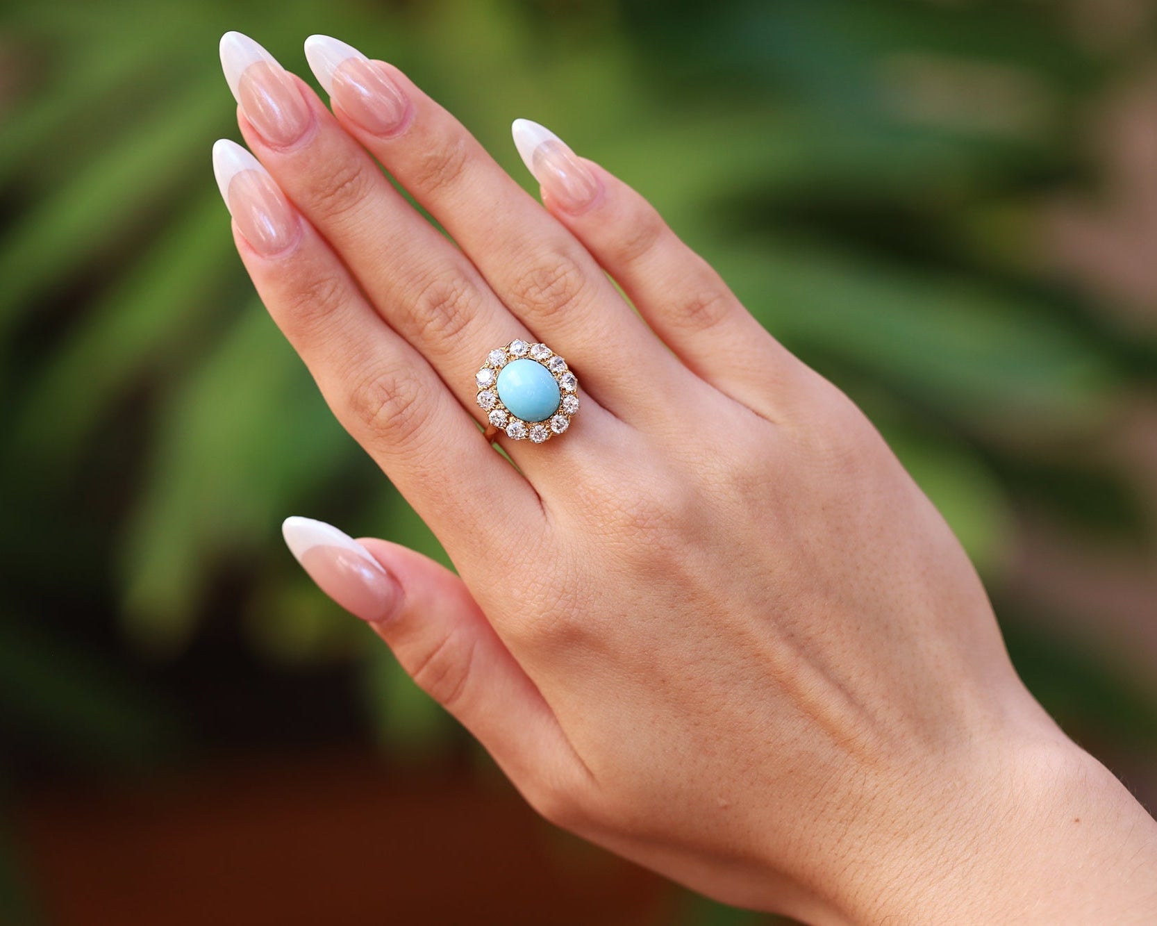 4.67 Carat Turquoise & Old Mine Cut Diamond Halo Ring