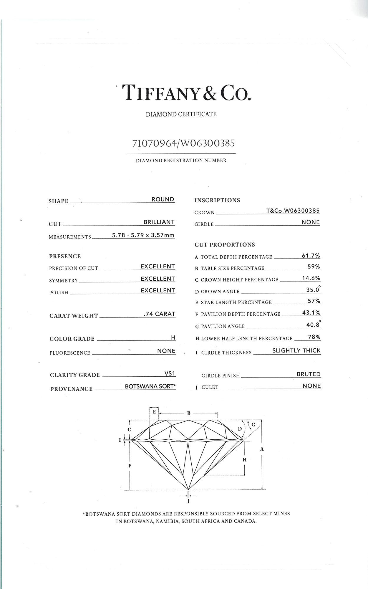 Tiffany & Co 3/4 Carat Round Diamond Platinum Solitaire Engagement Ring