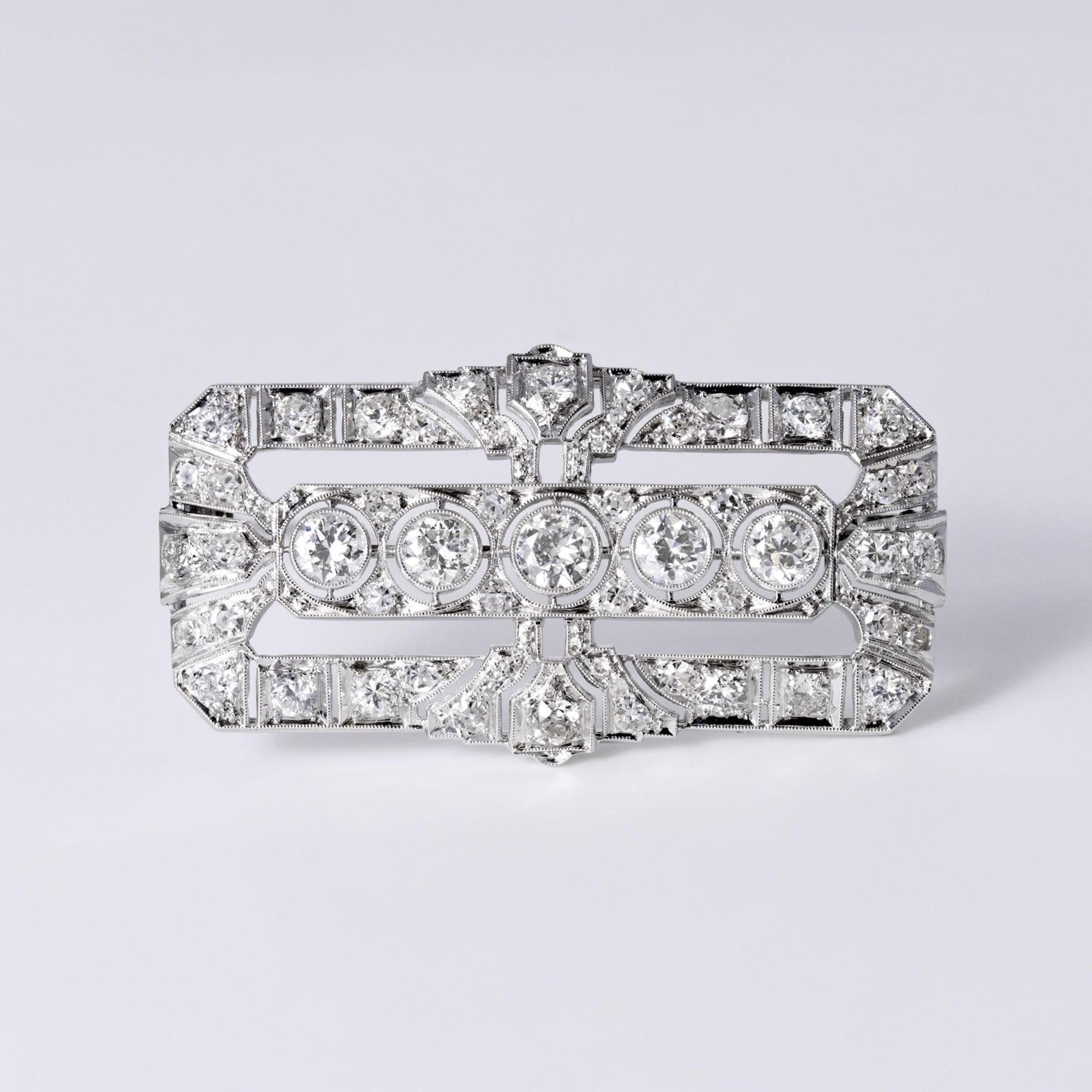 1920s French Art Deco 3.25 Carat Diamond Geometric Platinum Brooch Pin