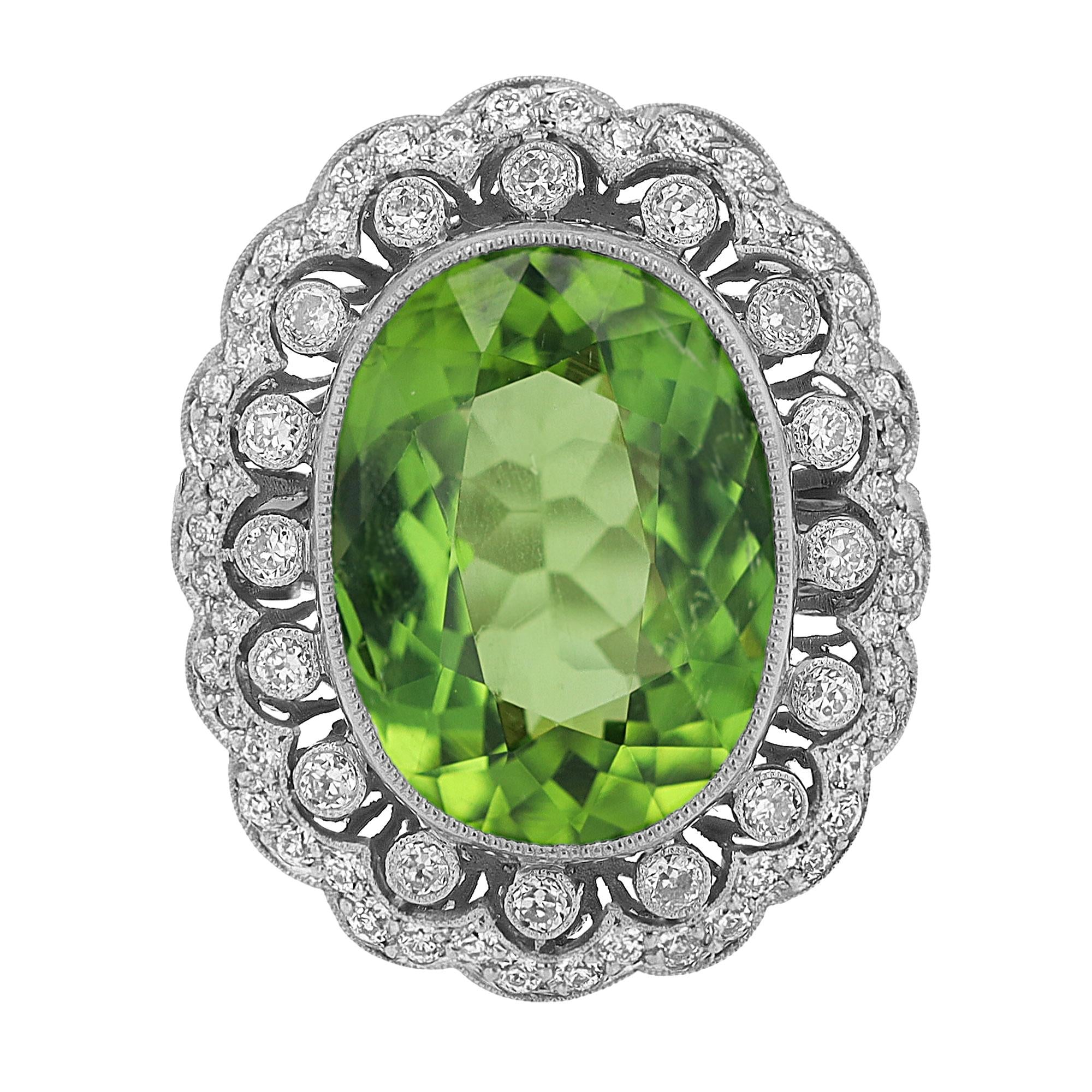 Estate 9.06 Carat Peridot and Diamond Platinum Cocktail Ring