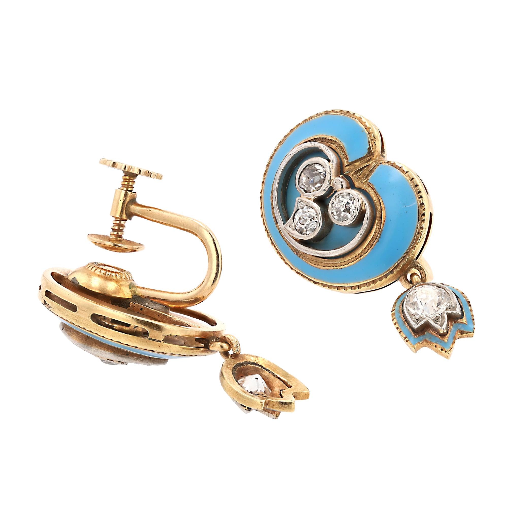 Antique Old Mine Diamond 14k Gold Blue Enamel Dangle Earrings