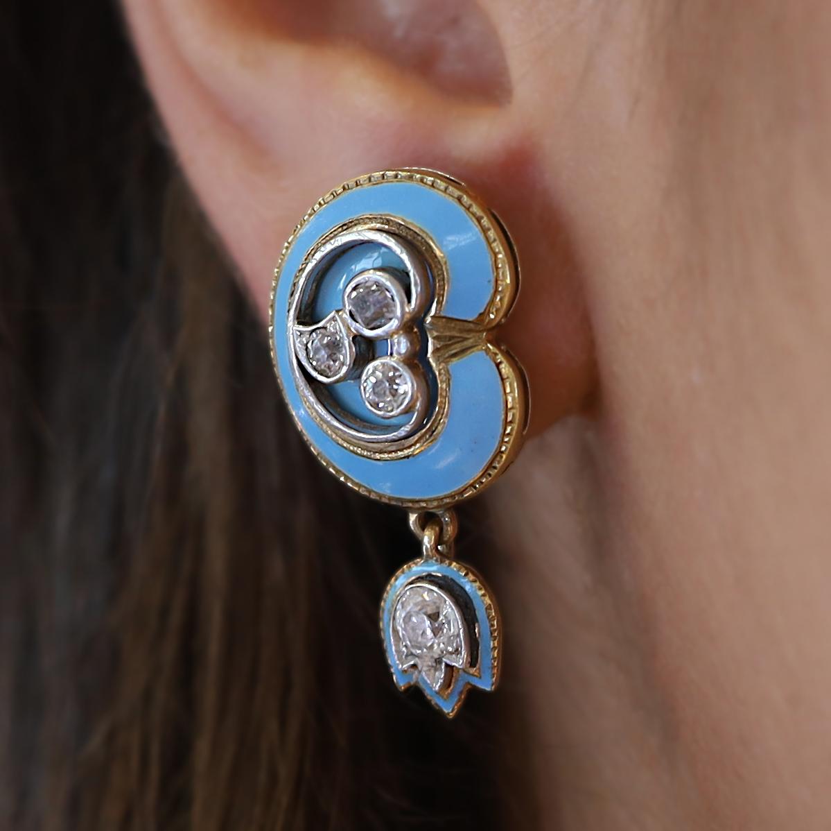 Antique Old Mine Diamond 14k Gold Blue Enamel Dangle Earrings