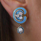 Antique Old Mine Diamond 14k Gold Blue Enamel Dangle Earrings