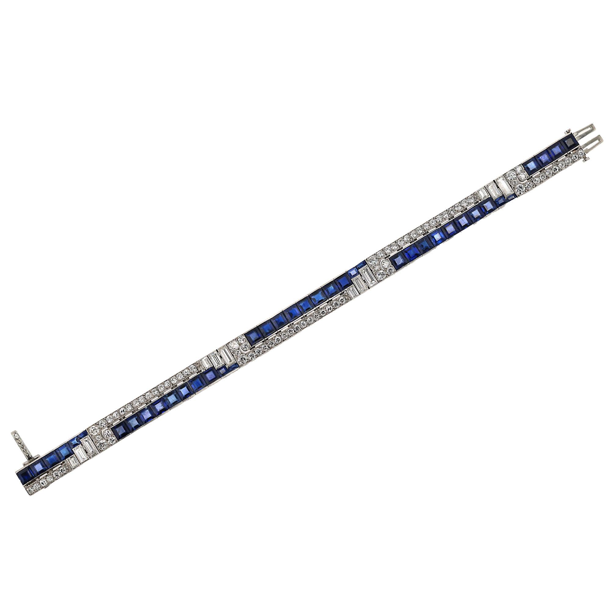 Art Deco 12 Carats Diamond & Sapphire Geometric Line Bracelet