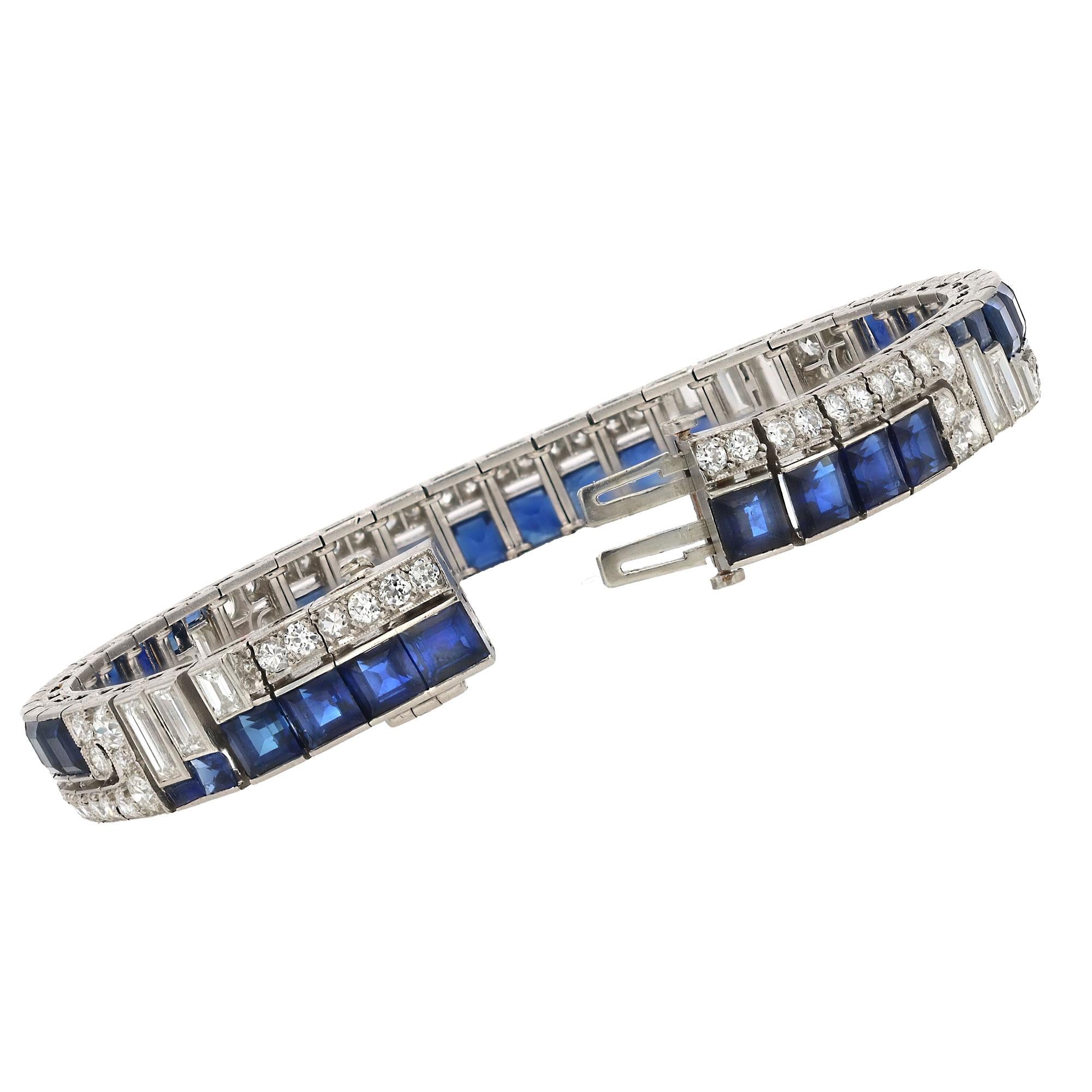 Art Deco 12 Carats Diamond & Sapphire Geometric Line Bracelet
