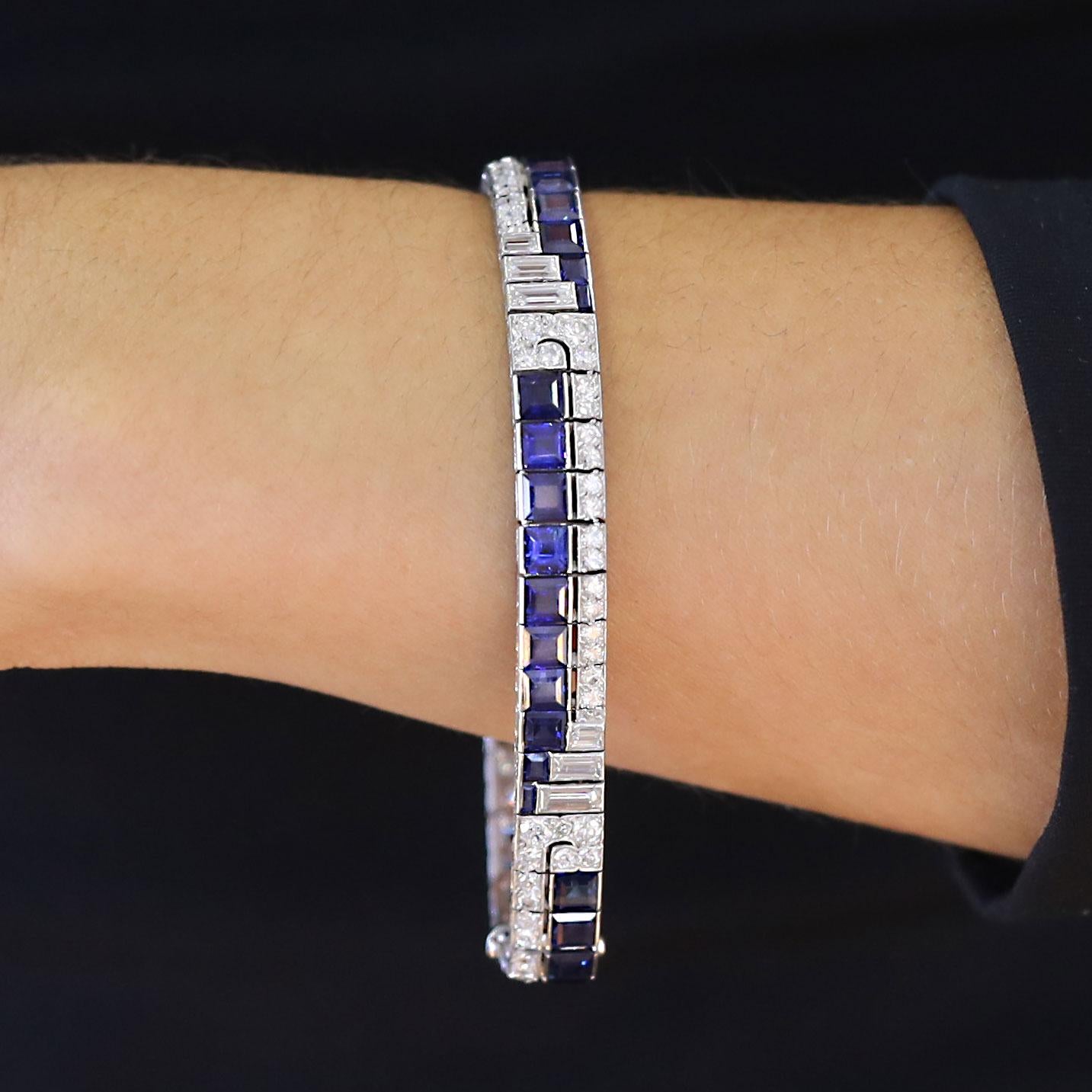Art Deco 12 Carats Diamond & Sapphire Geometric Line Bracelet