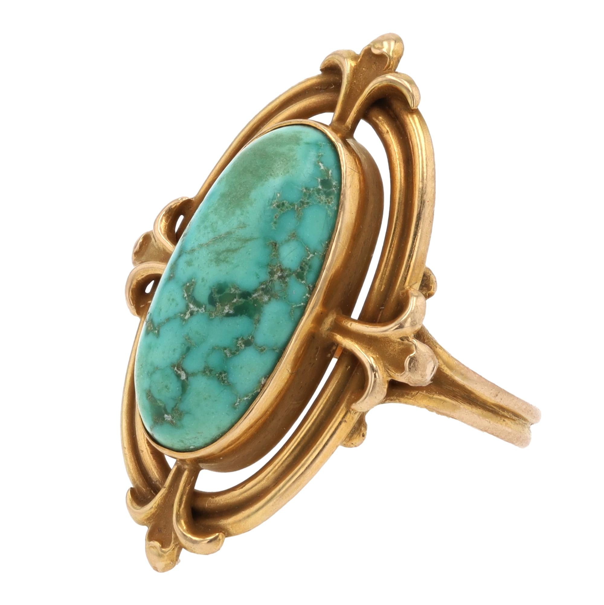 Art Nouveau Turquoise and 14k Gold Fleur-De-Lis Ring