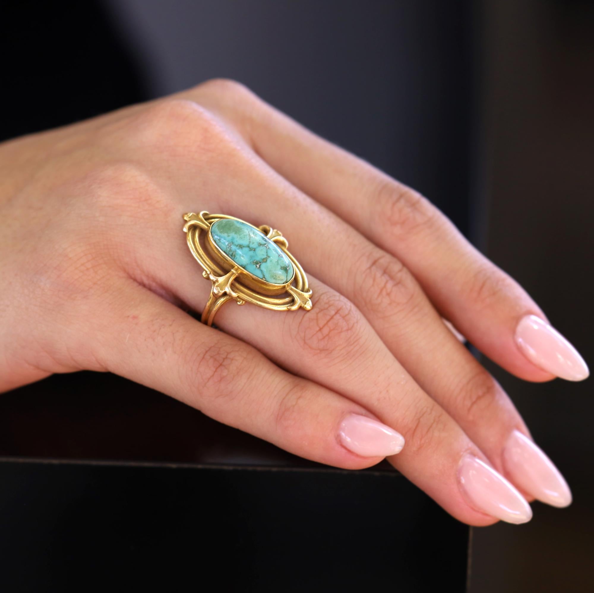 Art Nouveau Turquoise and 14k Gold Fleur-De-Lis Ring