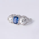 Antique Art Deco 2.78 Carat 3 Stone Diamond & Sapphire Filigree Engagement Ring