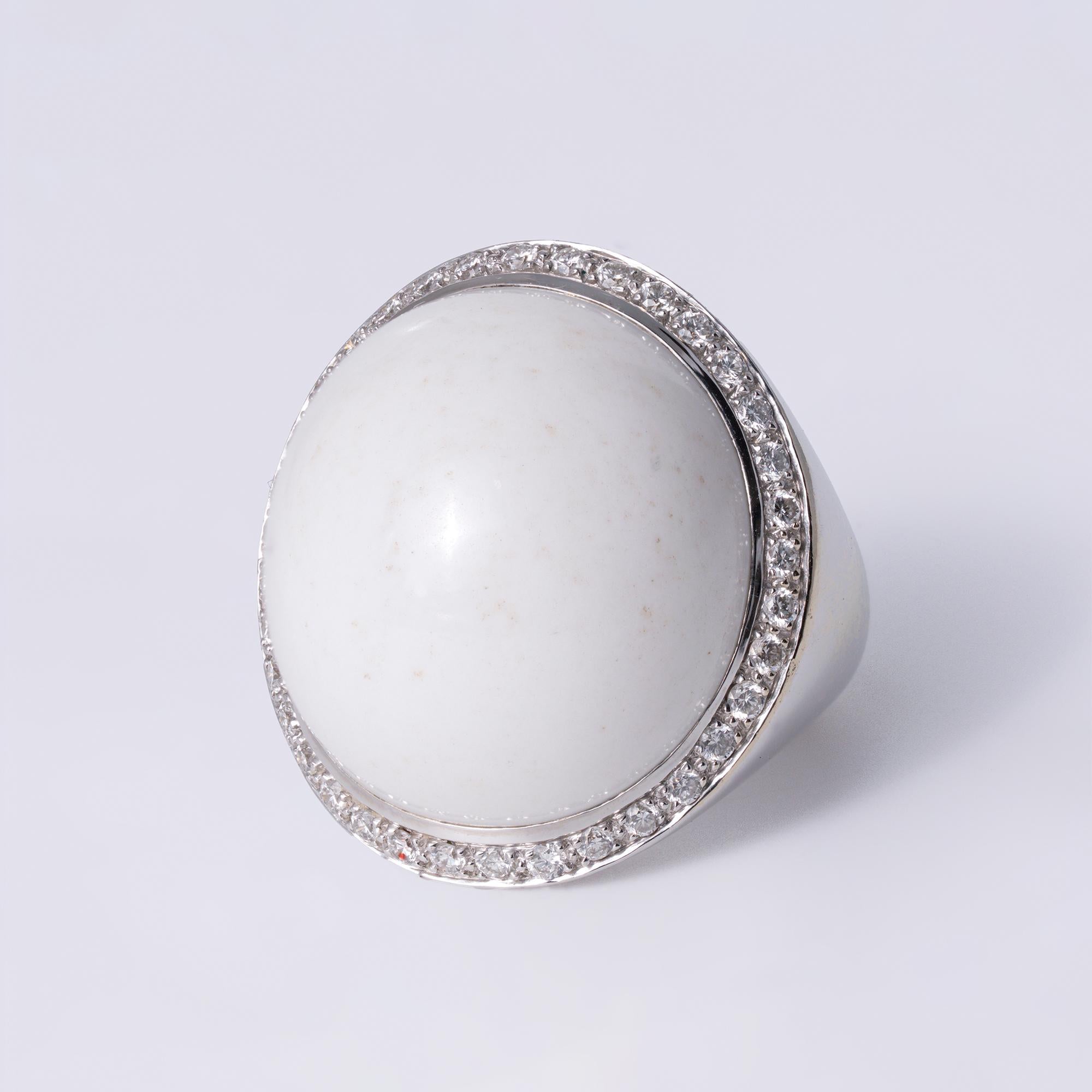 35 Carat White Coral and Diamond 18k White Gold Estate Cocktail Ring