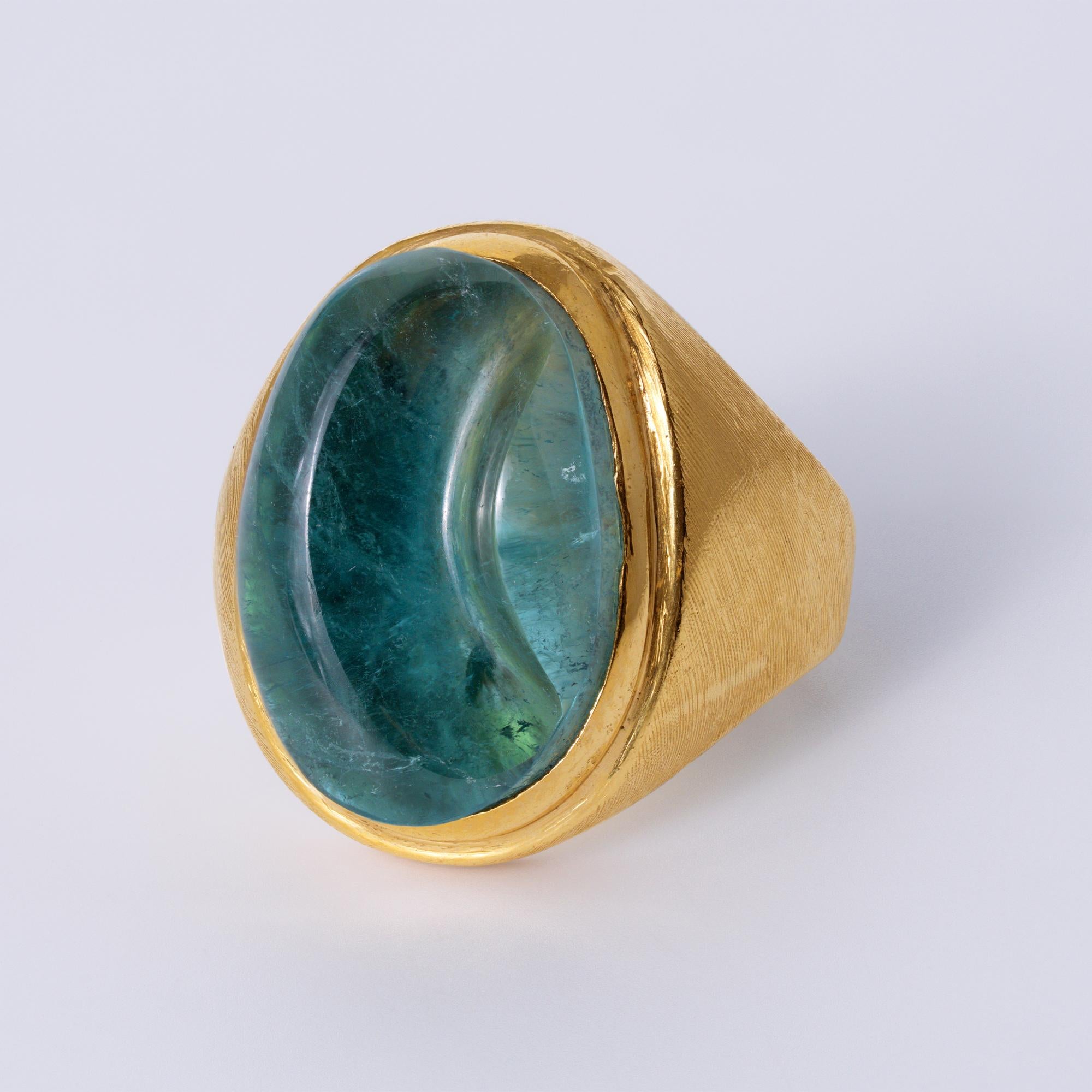 Vintage Burle Marx 18K Gold Indicolite Tourmaline Carved Cabochon Ring 1980s