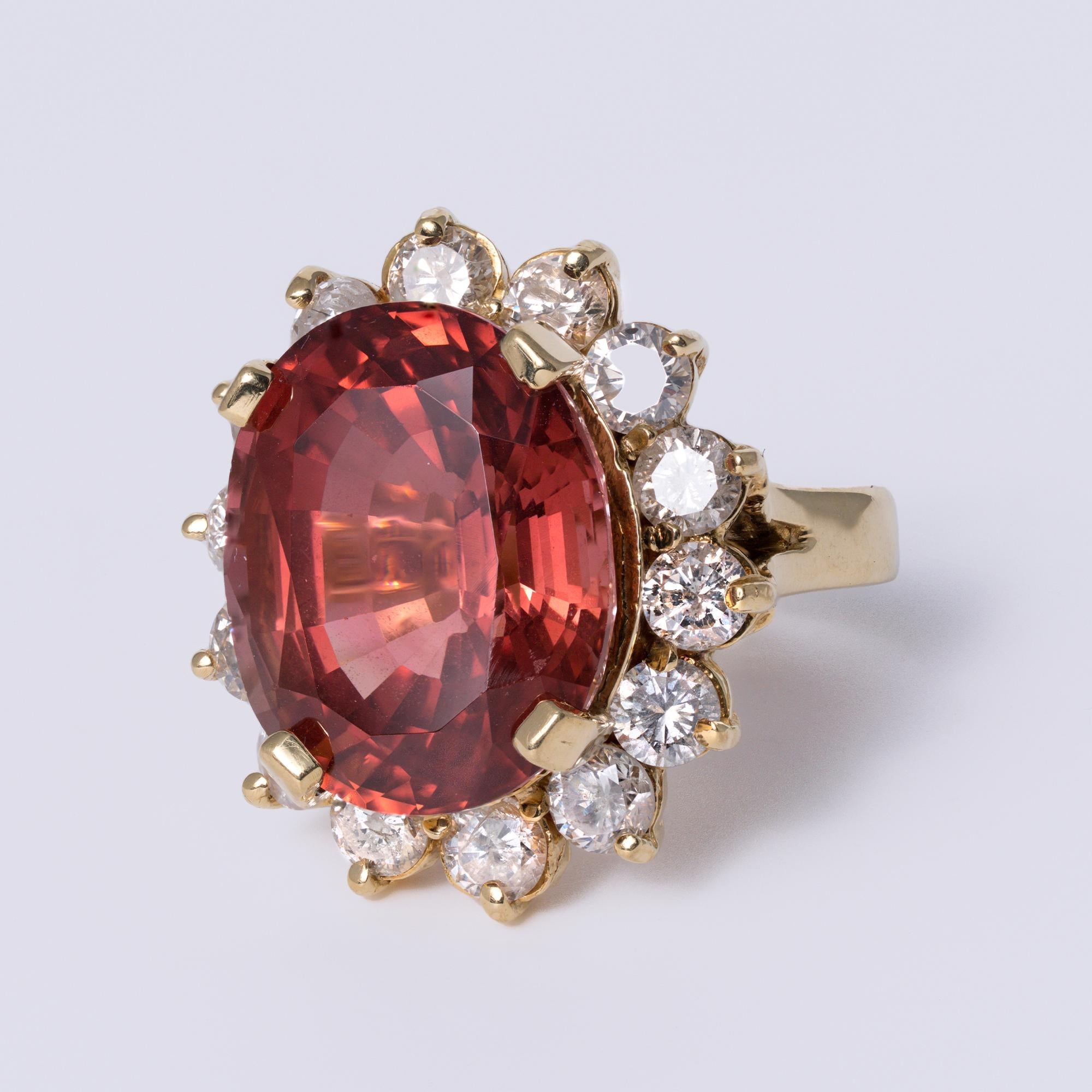 Estate 14 Carat Red Orange Tourmaline & Diamond Halo Cocktail Ring