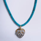 Antique Edwardian 14K Gold & Platinum Diamond Heart Turquoise Bead Necklace