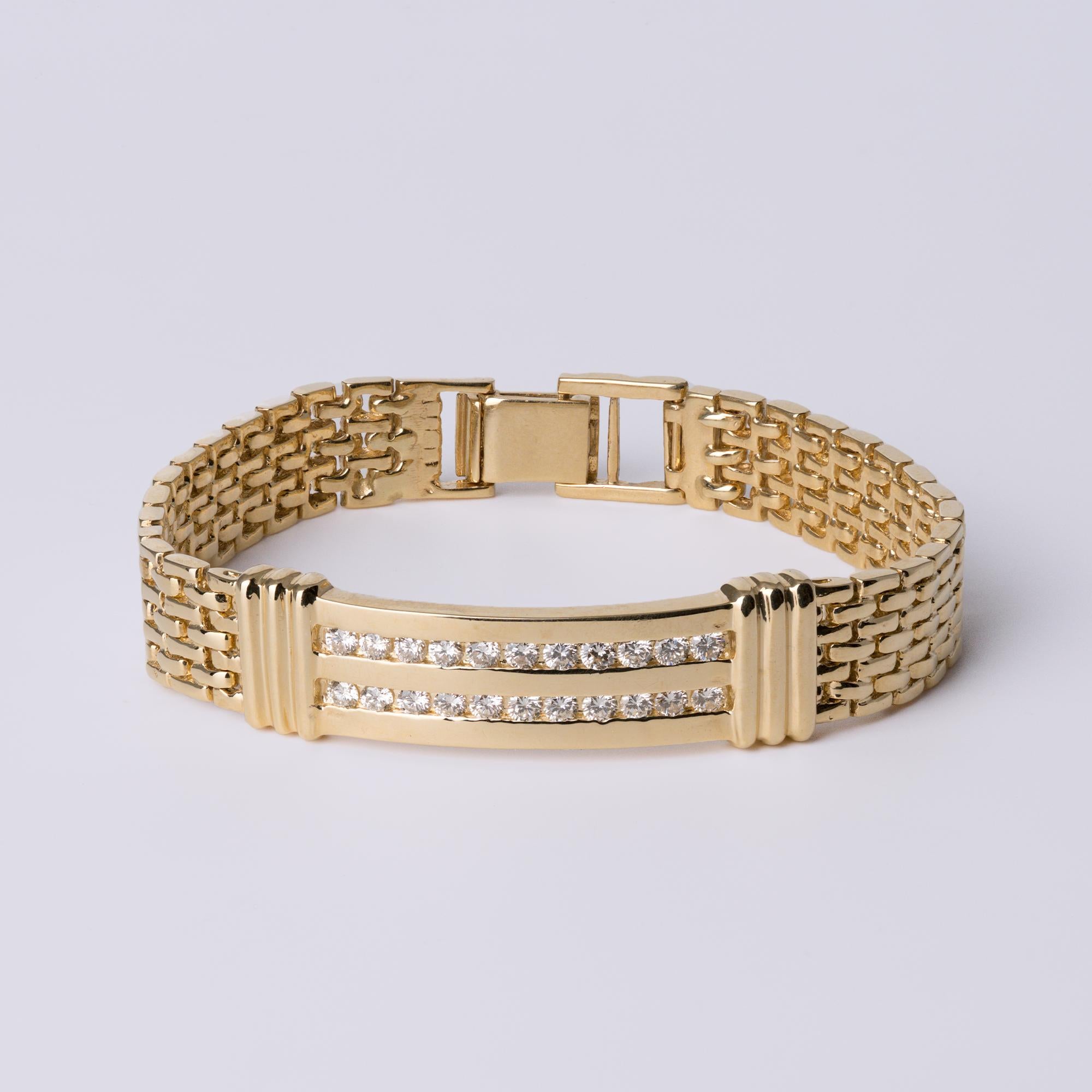 Vintage 1980s 2-Row Diamond 14k Yellow Gold Estate ID Link Bracelet