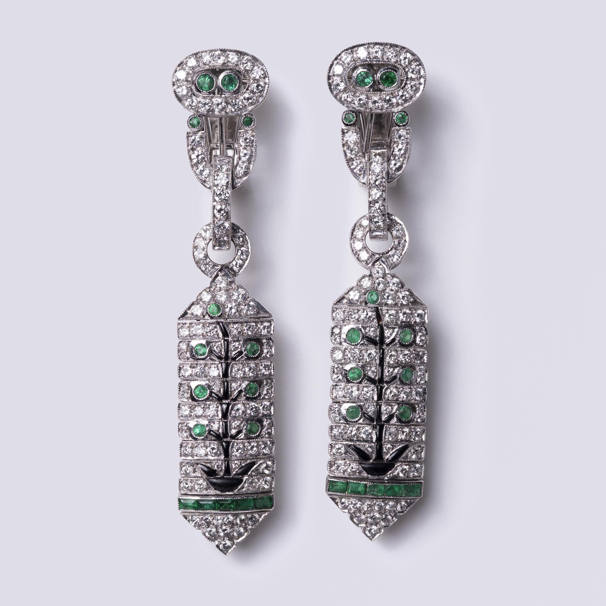 Art Deco Revival Diamond Emerald Tree of Life Day/Night Earrings