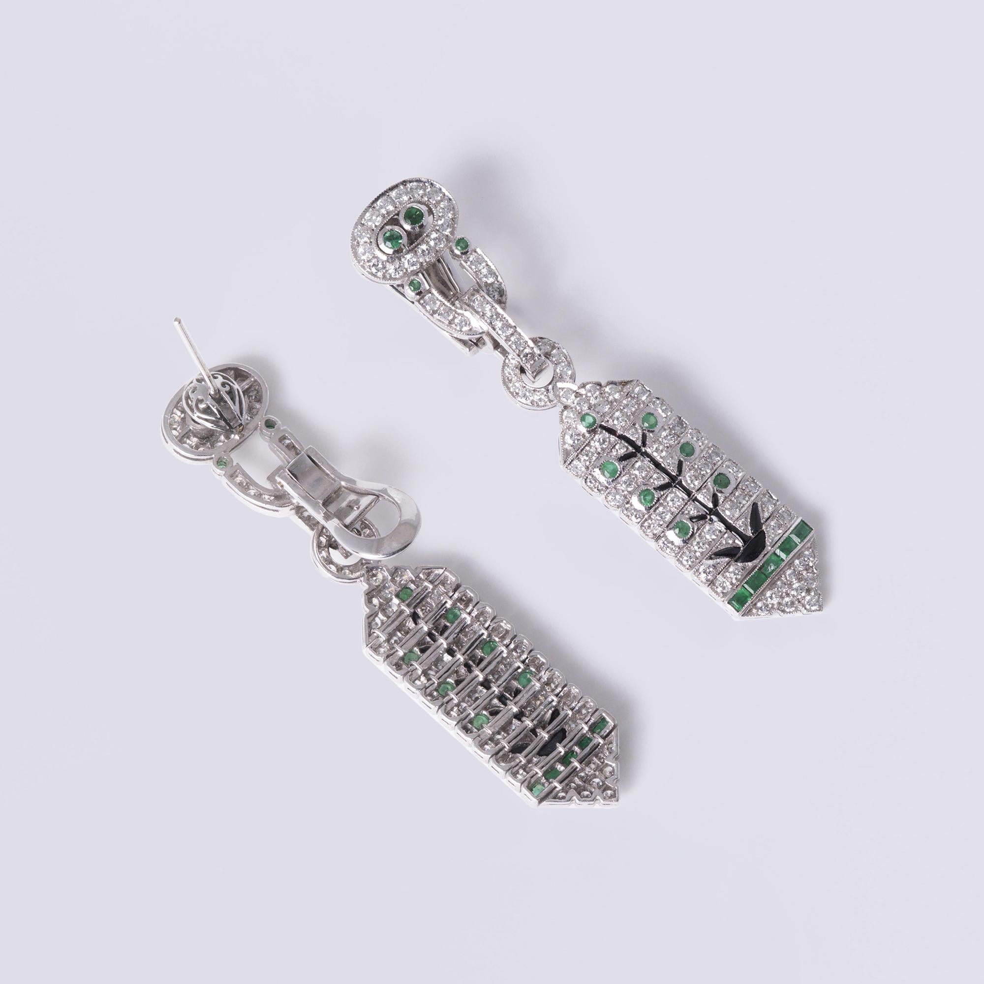 Art Deco Revival Diamond Emerald Tree of Life Day/Night Earrings