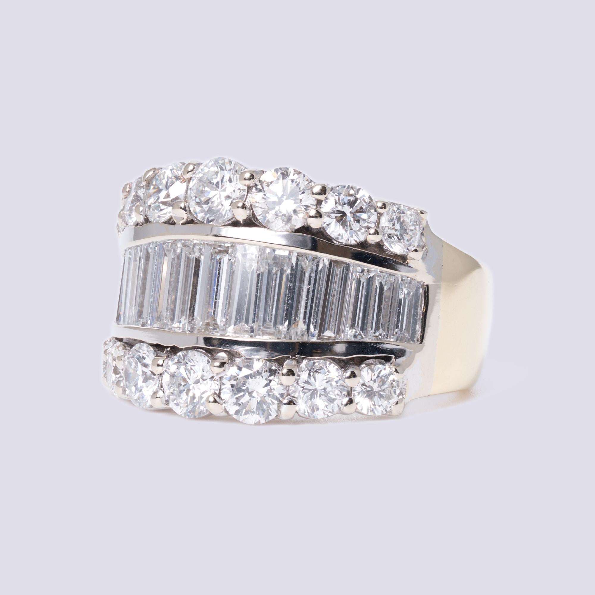 Vintage 3 Carat Diamond Baguette Round Brilliant 18K Gold Cigar Band Ring 1980s
