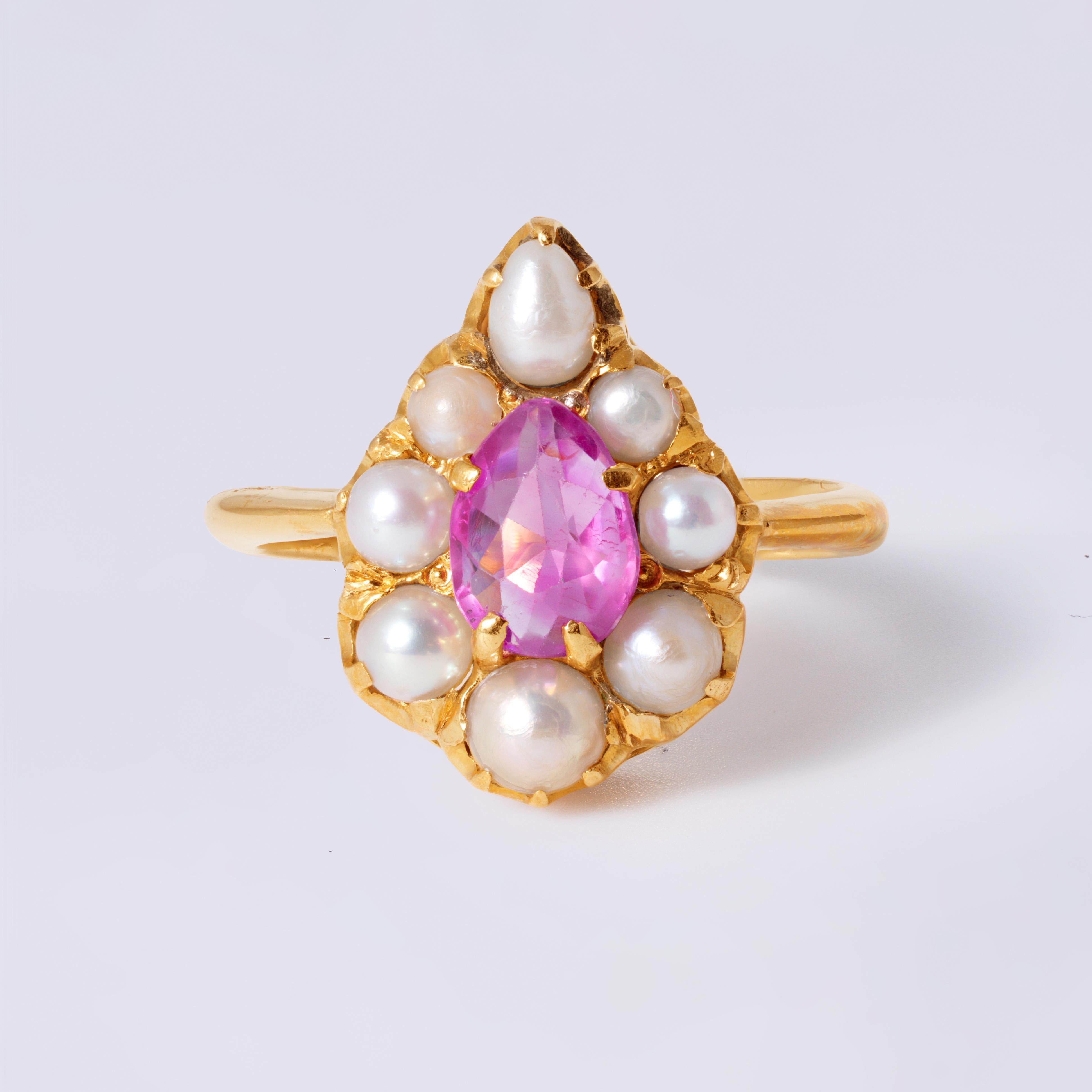 Antique Victorian 20k Gold Pink Sapphire And Pearl Halo Engagement Ring